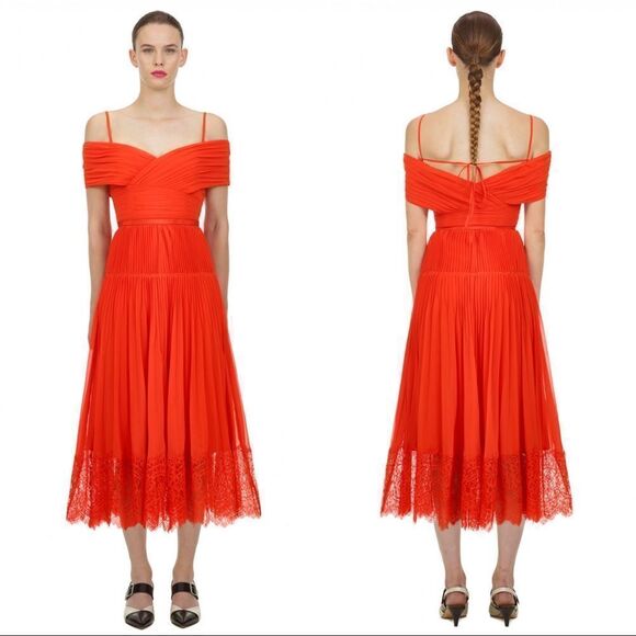 Self-Portrait Off-Shoulder Pleated Lace Midi Dress - Picture 1 of 12